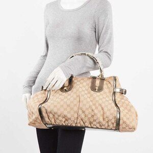 Gucci Beige/Silver GG Canvas and Leather Bamboo Pop Large Satchel Tote Bag